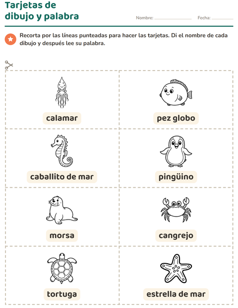 Vista previa de la hoja de Tarjetas de dibujo y palabra con Vida marina BN para jardín infantil
