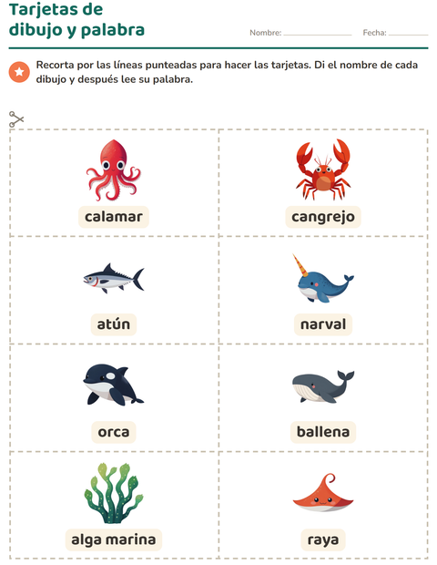 Vista previa de la hoja de Tarjetas de dibujo y palabra con Vida marina para jardín infantil