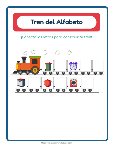 Vista previa de la hoja de Tren Del Abecedario con Alrededor de la casa para preescolar