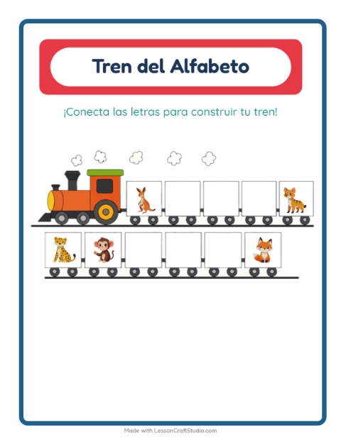 Vista previa de la hoja de Tren Del Abecedario con Animales del zoológico para preescolar