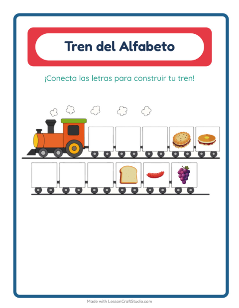 Vista previa de la hoja de Tren Del Abecedario con Desayuno para preescolar