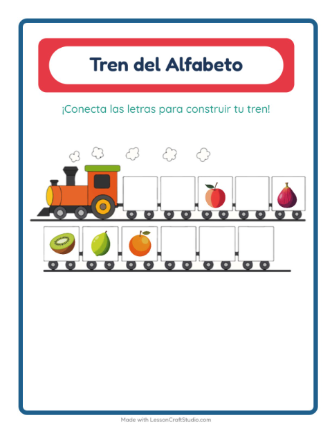 Vista previa de la hoja de Tren Del Abecedario con Frutas para preescolar