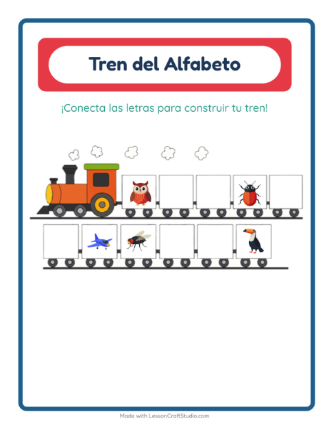Vista previa de la hoja de Tren Del Abecedario con Cosas que vuelan para preescolar