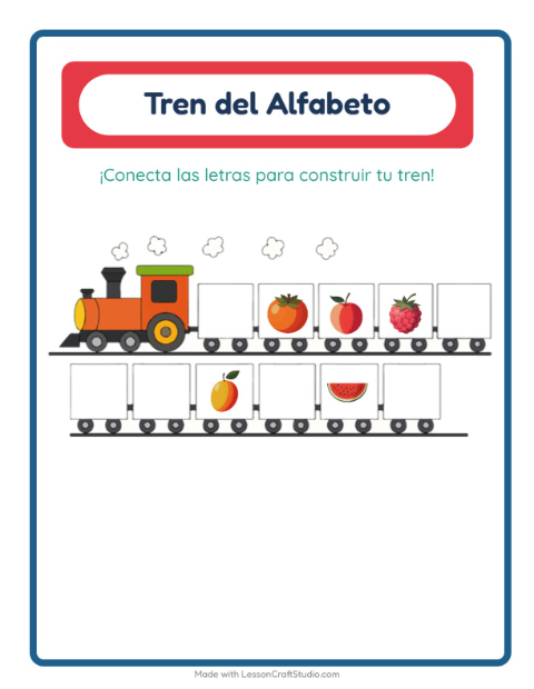 Vista previa de la hoja de Tren Del Abecedario con Frutas para preescolar