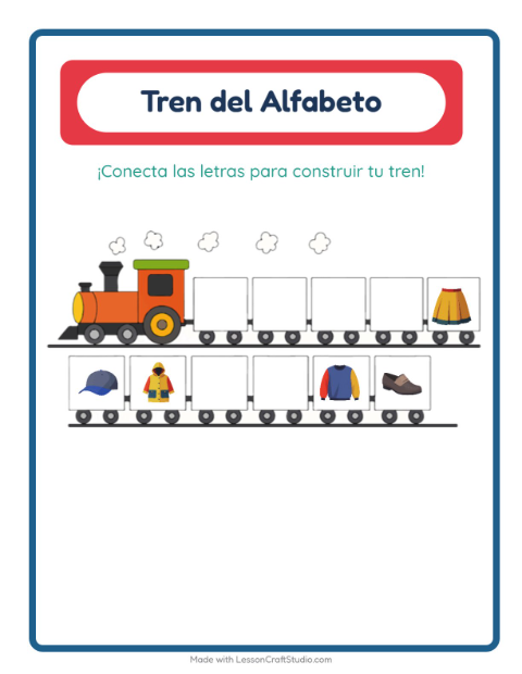 Vista previa de la hoja de Tren Del Abecedario con Ropa para preescolar