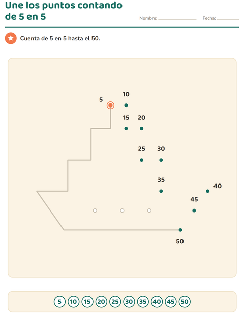 Une los puntos de 5 en 5 hasta el 50: la serie del cinco dibujada — segundo grado