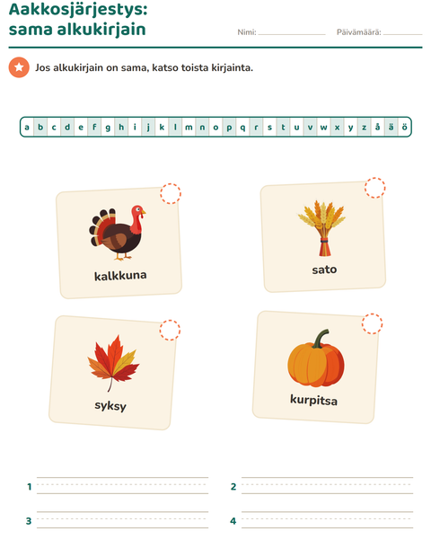 Esikatselu: Aakkosjärjestys-tehtäväarkki, aiheena Kiitospäivä, 1. luokka