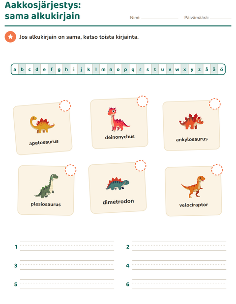 Esikatselu: Aakkosjärjestys-tehtäväarkki, aiheena Dinosaurukset, 1. luokka