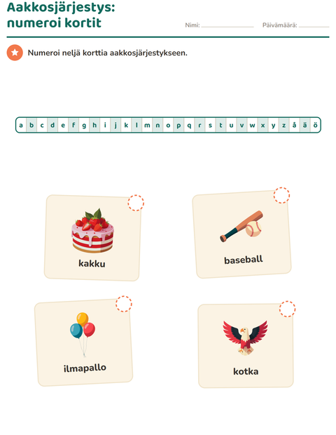 Esikatselu: Aakkosjärjestys-tehtäväarkki, aiheena Heinäkuun 4., 1. luokka