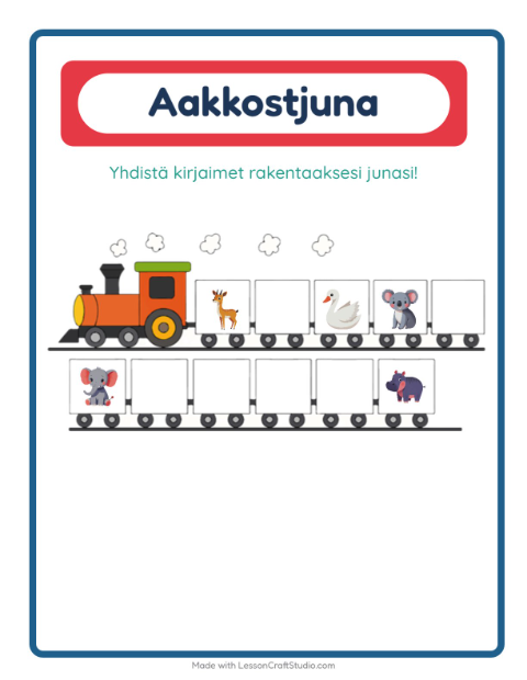 Esikatselu: Aakkosjuna-tehtäväarkki, aiheena Eläimet, Varhaiskasvatus
