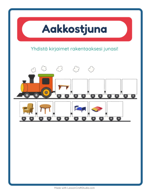 Esikatselu: Aakkosjuna-tehtäväarkki, aiheena Huonekalut, Varhaiskasvatus