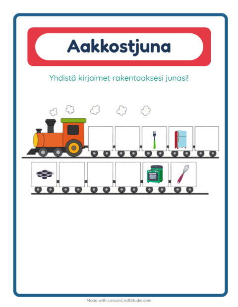 Esikatselu: Aakkosjuna-tehtäväarkki, aiheena Keittiövälineet, Varhaiskasvatus