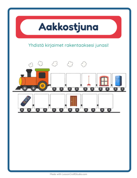 Esikatselu: Aakkosjuna-tehtäväarkki, aiheena Kodin ympärillä, Varhaiskasvatus