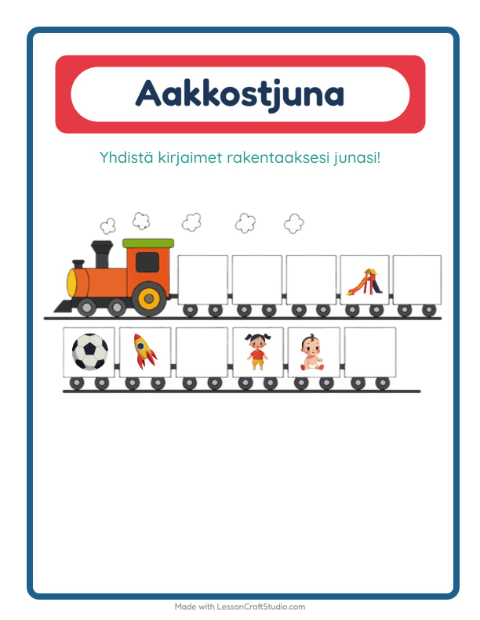 Esikatselu: Aakkosjuna-tehtäväarkki, aiheena Lelut, Varhaiskasvatus
