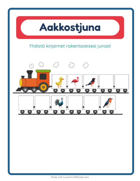 Esikatselu: Aakkosjuna-tehtäväarkki, aiheena Linnut 2, Varhaiskasvatus