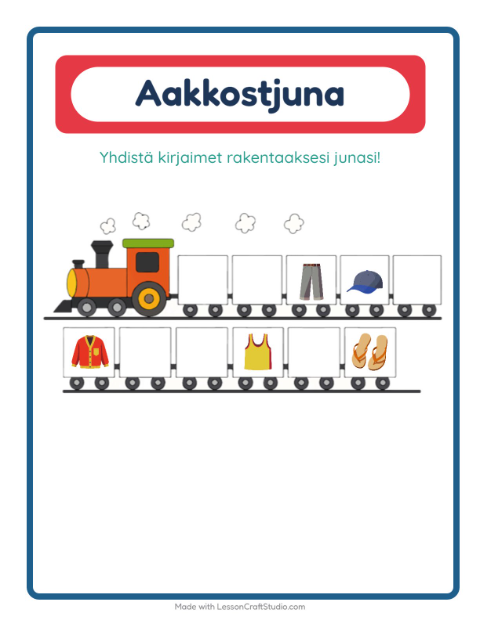 Esikatselu: Aakkosjuna-tehtäväarkki, aiheena Vaatteet, Varhaiskasvatus