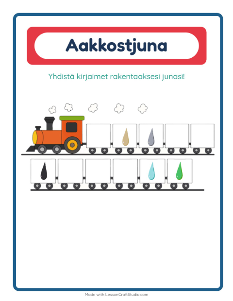 Esikatselu: Aakkosjuna-tehtäväarkki, aiheena Värit, Varhaiskasvatus