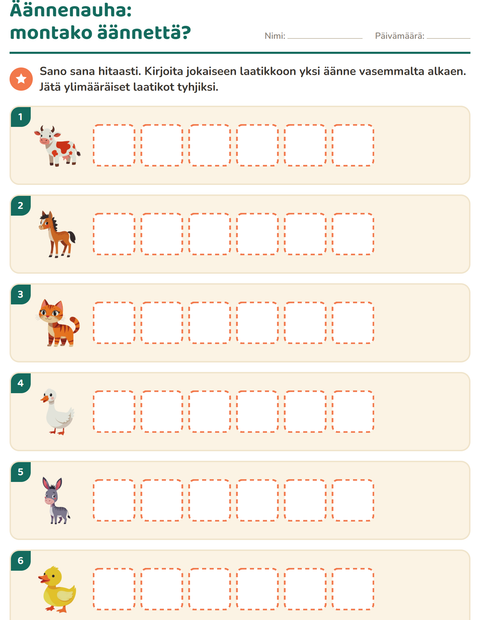 Esikatselu: Äännelaatikot-tehtäväarkki, aiheena Maatilan eläimet, 1. luokka