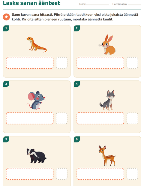 Esikatselu: Äännelaatikot-tehtäväarkki, aiheena Metsän eläimet, Esiopetus