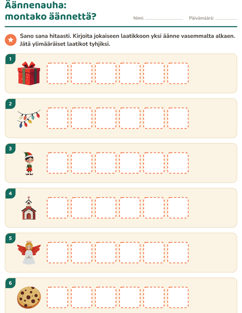 Esikatselu: Äännelaatikot-tehtäväarkki, aiheena Joulu, 1. luokka