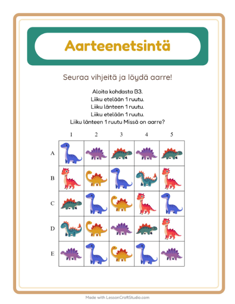 Esikatselu: Aarteenetsintä-tehtäväarkki, aiheena Dinosaurukset, 1. luokka
