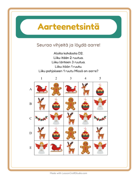 Esikatselu: Aarteenetsintä-tehtäväarkki, aiheena Joulu, 1. luokka
