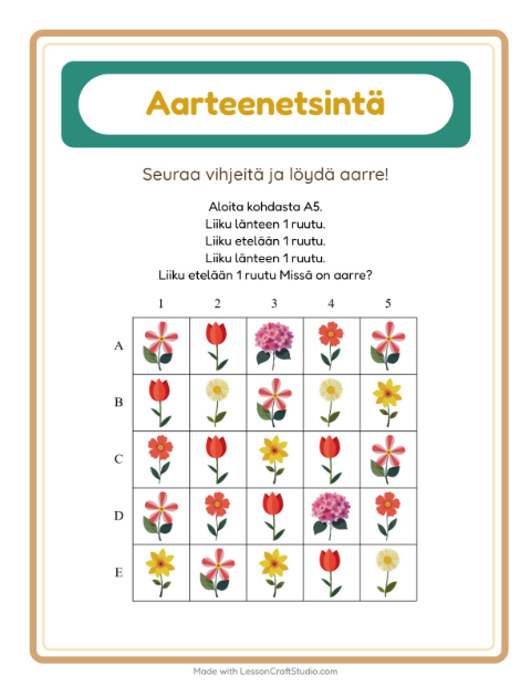 Esikatselu: Aarteenetsintä-tehtäväarkki, aiheena Kukat, 1. luokka