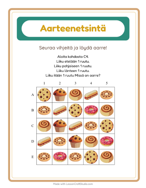 Esikatselu: Aarteenetsintä-tehtäväarkki, aiheena Leipomo, 1. luokka