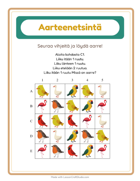 Esikatselu: Aarteenetsintä-tehtäväarkki, aiheena Linnut 2, 1. luokka