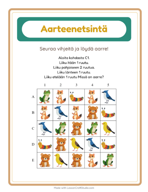 Esikatselu: Aarteenetsintä-tehtäväarkki, aiheena Metsän eläimet, 1. luokka