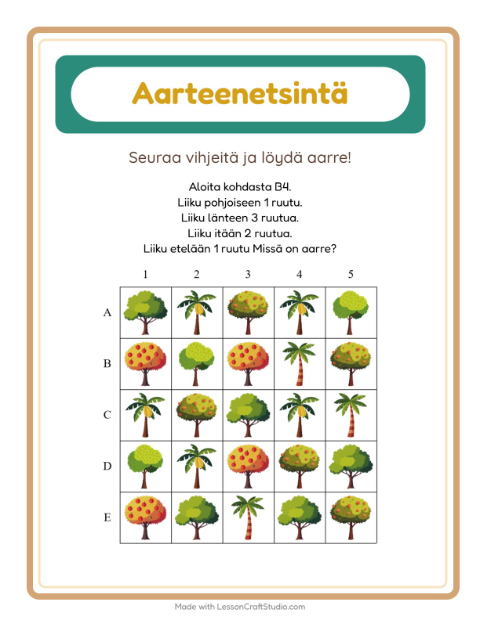 Esikatselu: Aarteenetsintä-tehtäväarkki, aiheena Puut, 1. luokka