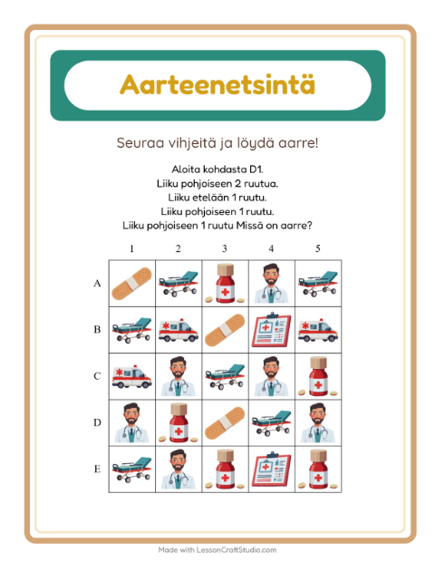 Esikatselu: Aarteenetsintä-tehtäväarkki, aiheena Sairaala, 1. luokka