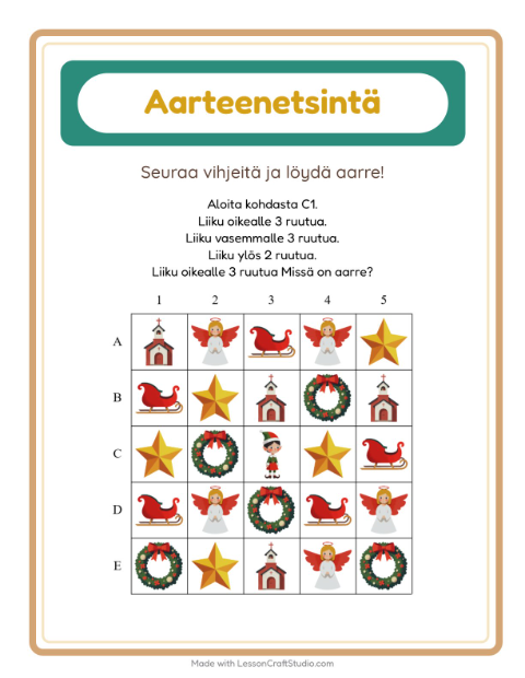 Esikatselu: Aarteenetsintä-tehtäväarkki, aiheena Joulu, 1. luokka