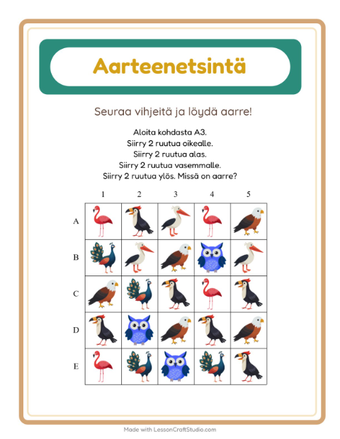 Esikatselu: Aarteenetsintä-tehtäväarkki, aiheena Linnut, 1. luokka