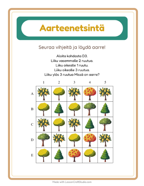 Esikatselu: Aarteenetsintä-tehtäväarkki, aiheena Puut, 1. luokka