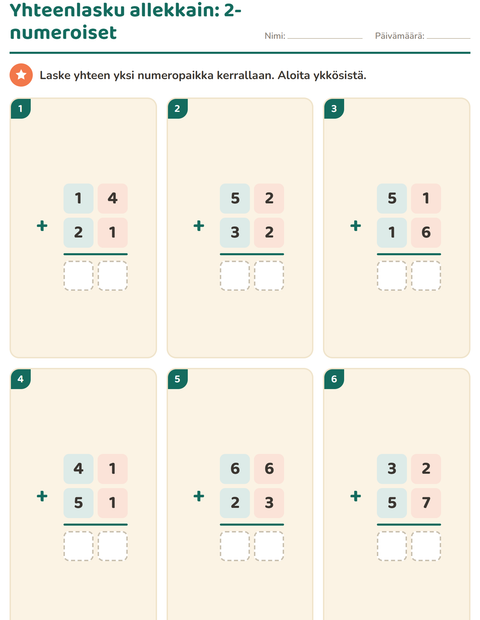 Yhteenlasku allekkain: 2-numeroiset luvut
