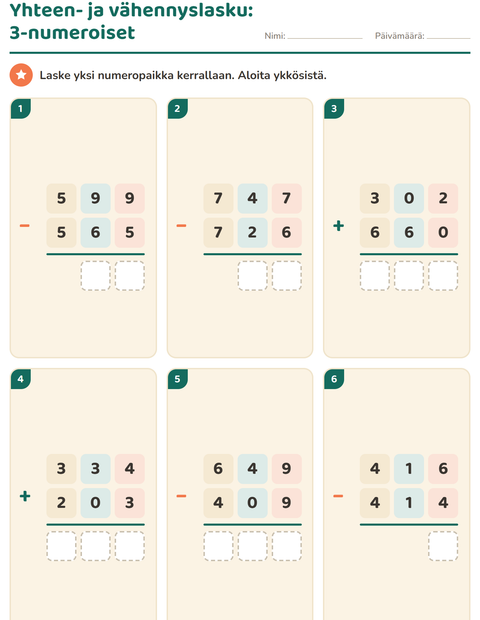 Allekkain laskeminen: 3-numeroiset luvut
