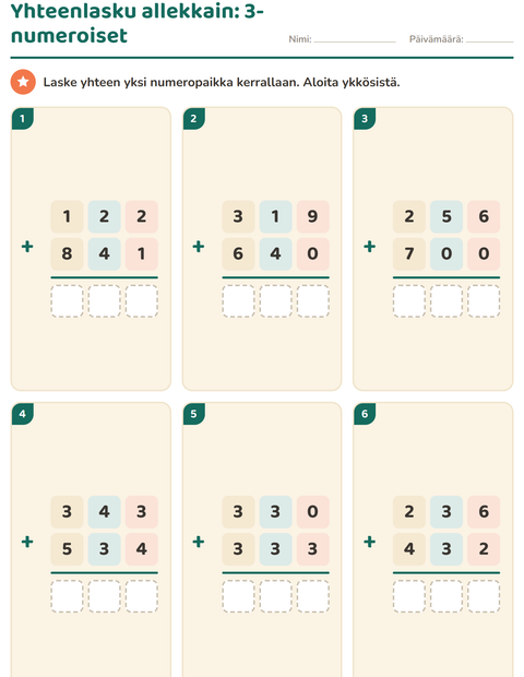 Yhteenlasku allekkain: 3-numeroiset luvut