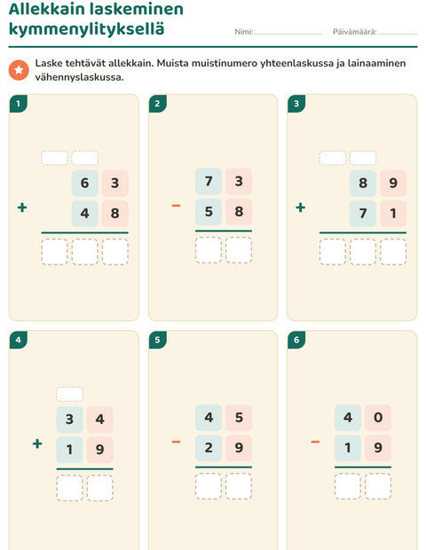 Esikatselu: Allekkain laskeminen-tehtäväarkki, 3. luokka