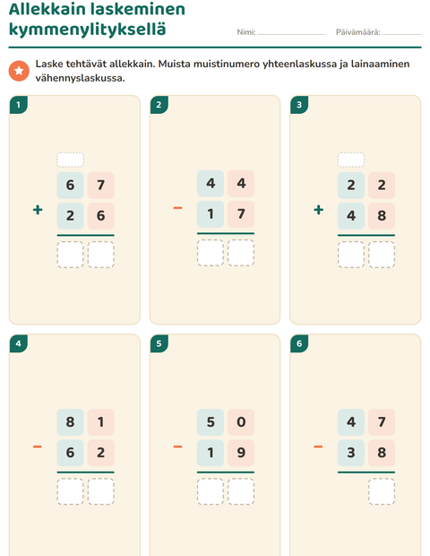 Esikatselu: Allekkain laskeminen-tehtäväarkki, 3. luokka