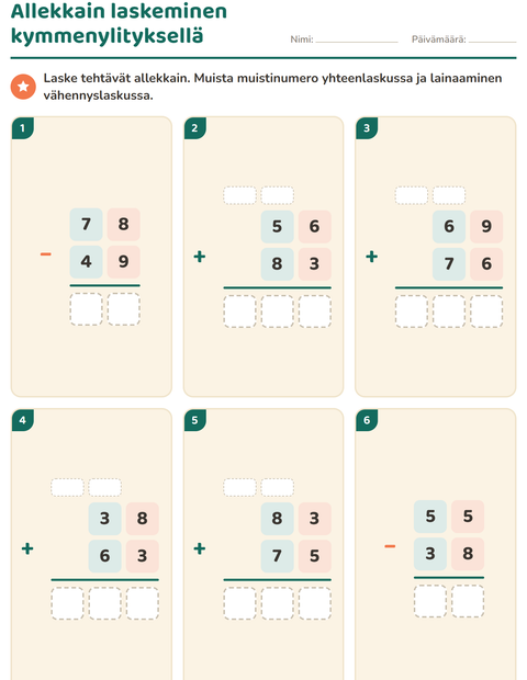 Esikatselu: Allekkain laskeminen-tehtäväarkki, 3. luokka
