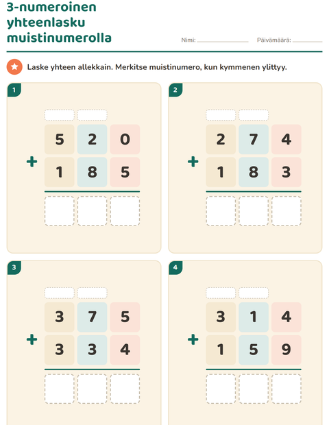 Esikatselu: Allekkain laskeminen-tehtäväarkki, 3. luokka