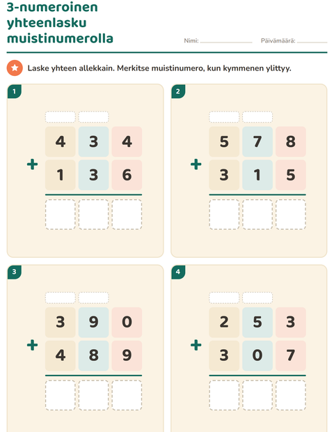 Esikatselu: Allekkain laskeminen-tehtäväarkki, 3. luokka