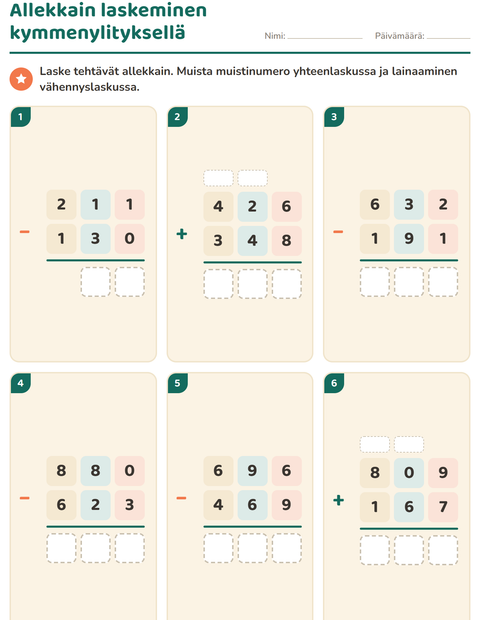 Esikatselu: Allekkain laskeminen-tehtäväarkki, 3. luokka