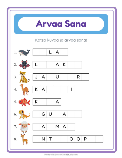 Esikatselu: Arvaa Sana-tehtäväarkki, aiheena Eläimet, Esiopetus