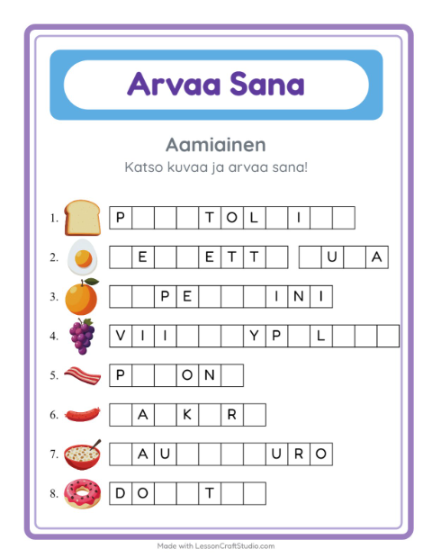 Arvaa sana, helpot sanat – Aamiainen