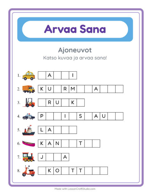 Esikatselu: Arvaa sana, helpot sanat: Ajoneuvot – 1. luokan oppilaille