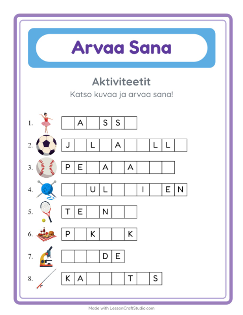 Arvaa sana, helpot sanat – Aktiviteetit