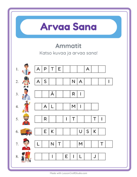 Esikatselu: Arvaa Sana-tehtäväarkki, aiheena Ammatit, Esiopetus