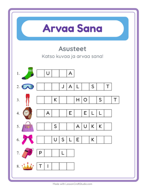 Esikatselu: Arvaa sana, helpot sanat: Asusteet – 1. luokan oppilaille